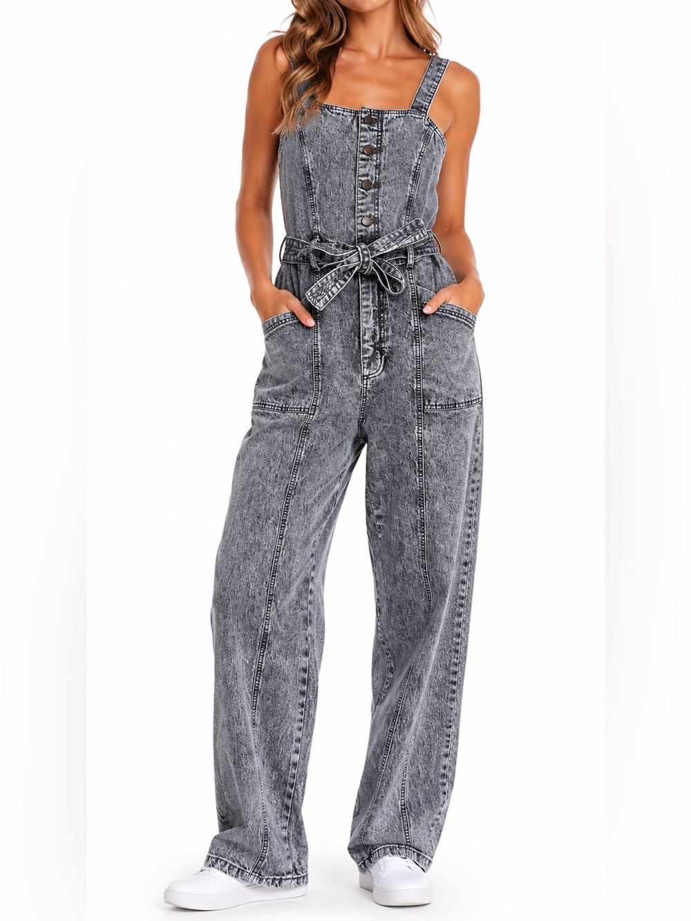 Universal Thread Acid Wash Denim Jumpsuit with Tie Belt - Black/Gray